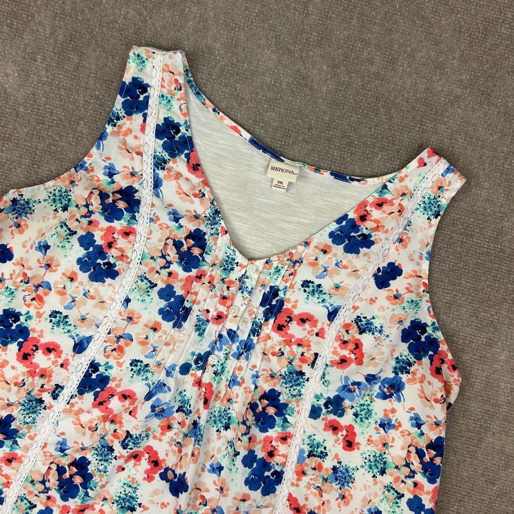 Merona Tank Top Women 2XL Multi Floral Delicate Lace Trims Pintuck Detail V-Neck